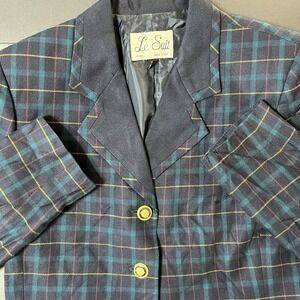 Vintage Le Suit Blazer Women's 10 Blue Plaid Preppy Business Academia 90s